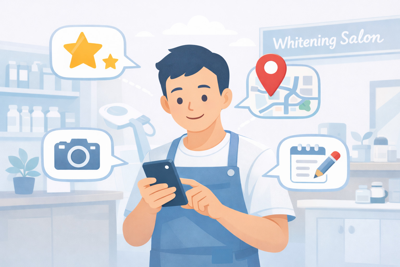 ホワイトニングサロンのオーナーがスマートフォンでGoogleビジネスプロフィールを管理し、口コミ・写真・投稿・Googleマップの情報を更新しているイメージ